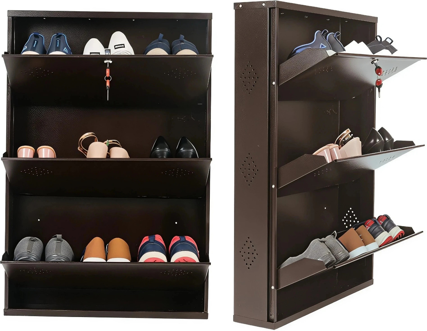 Image of Aavatar 3 Door Brown 26 Inch Wall Mounted Modern Shoerack Metal Shoe Rack