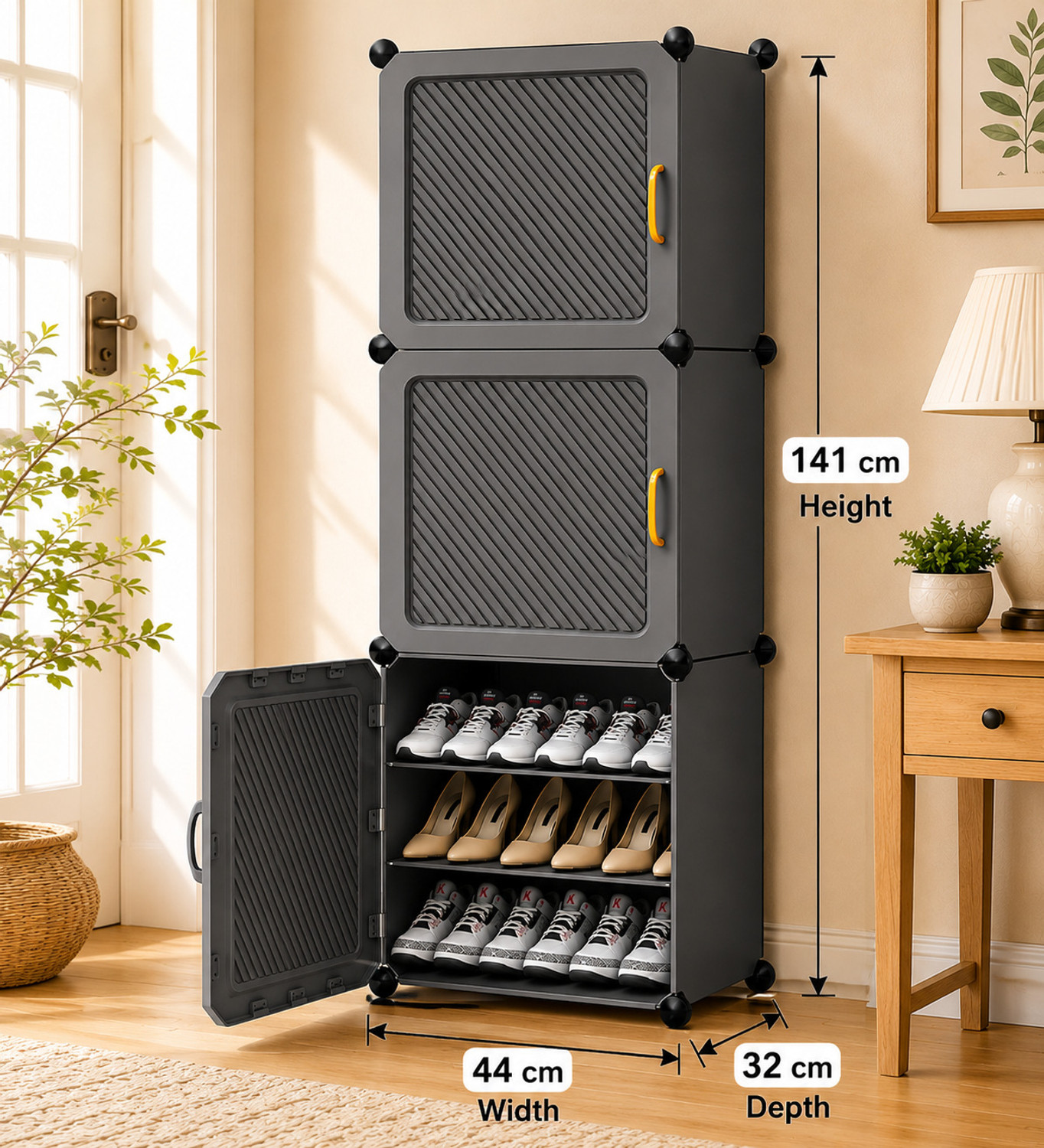 Image of MEVIGO 9-Shelf-3-Door Plastic Cubort Shoe Rack Metal Shoe Stand