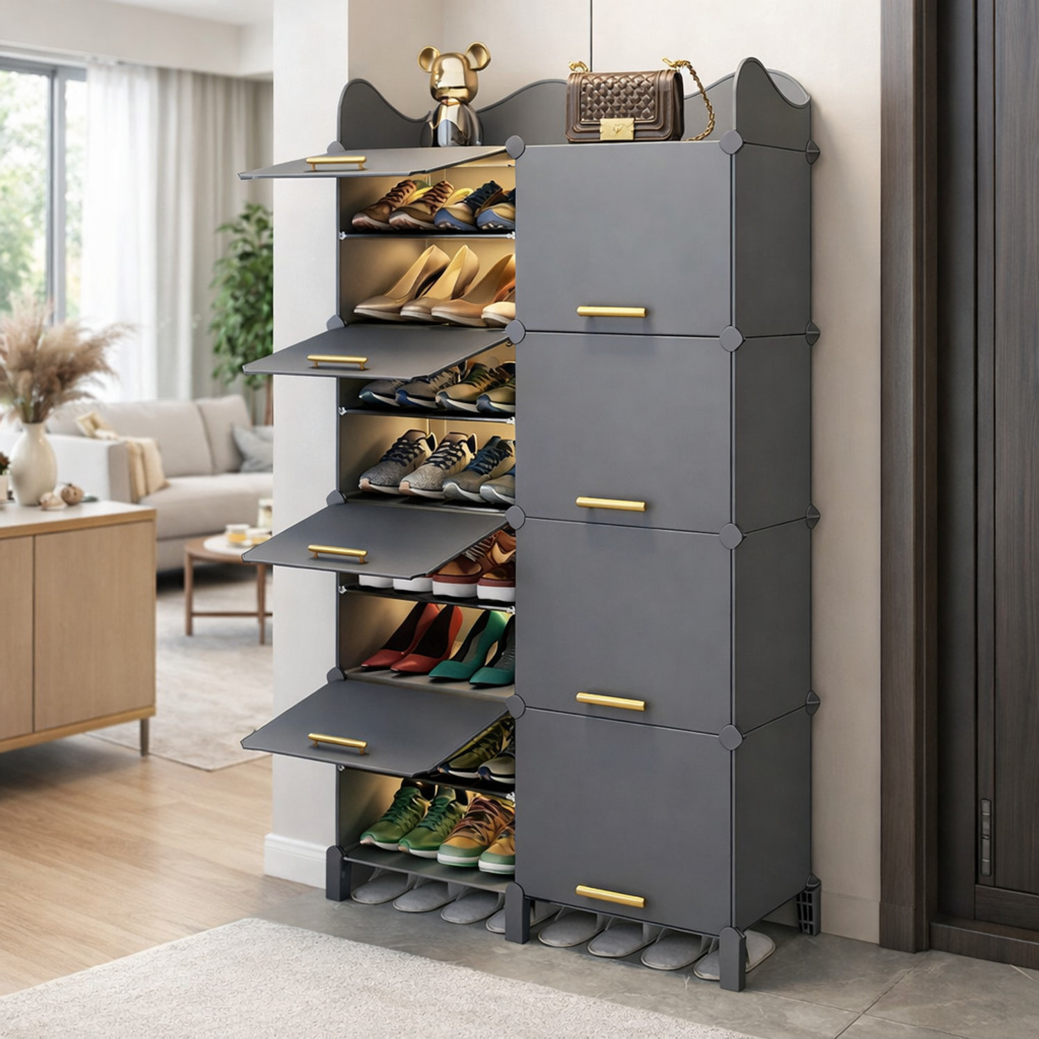Image of Evrum 16-Shelf-8-Door Plastic Shoe Rack with Doors,Cabinet Organizer,Juta Stand Box Plastic Collapsible Shoe Stand
