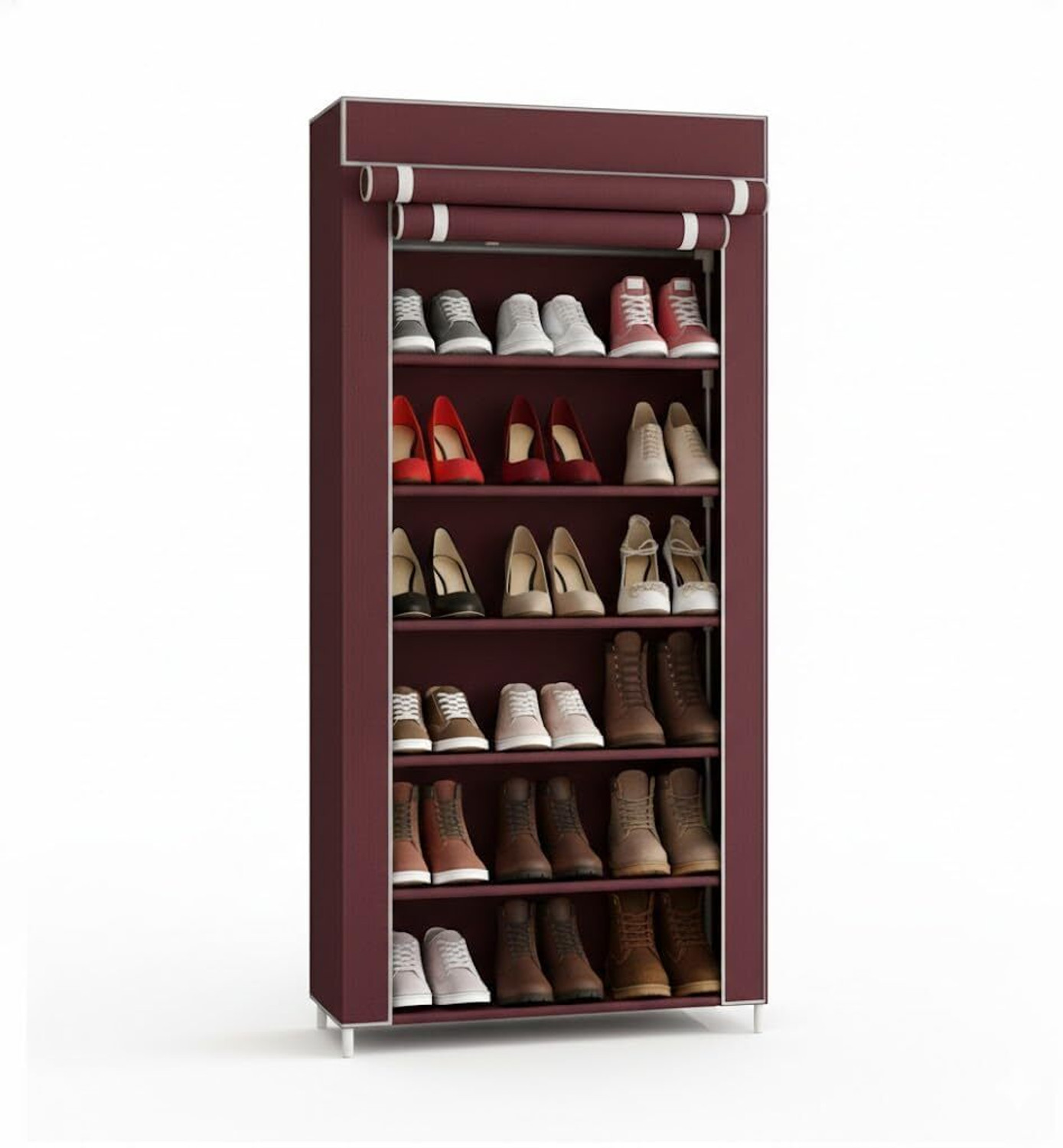 Image of Chalia Portable Rack with Maroon cover ultra durable 6 tier Rack for shoes books etc Plastic Collapsible Shoe Stand