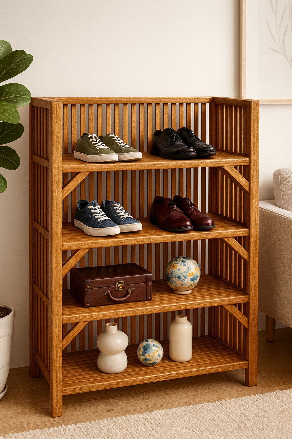 Image of QUEES Wooden 4 Tier Multi Layer Storage Rack |Wood Shoe Rack & Multipurpose for Home Bamboo, Cane, Engineered Wood, Solid Wood Shoe Rack (Brown, 4 Shelves, Pre-assembled)