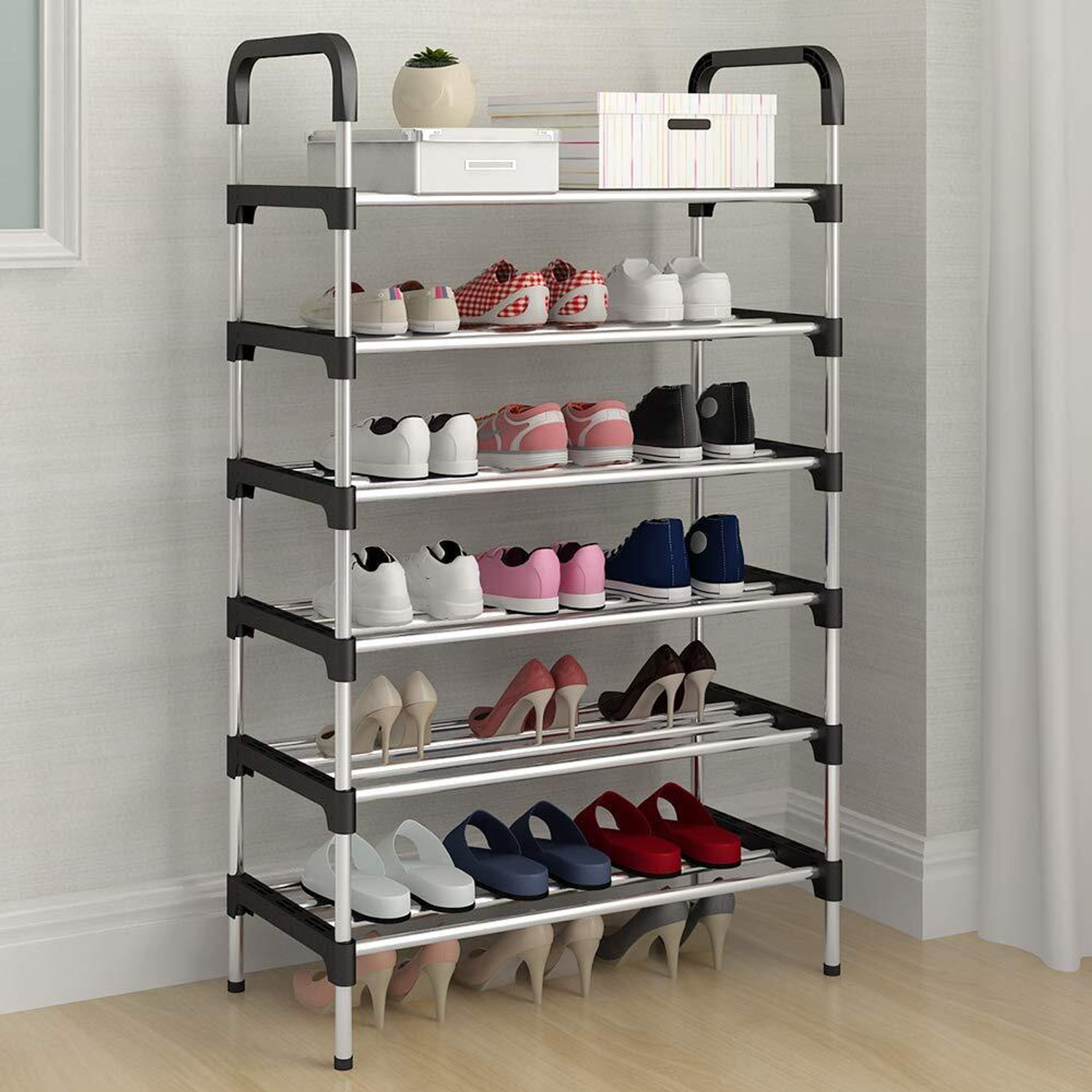 Image of SOUKIO Space-Saving 6-Tier Metal Open Shoe Rack,Home Entryway, Bedroom & Living Room, Metal, Plastic Shoe Stand