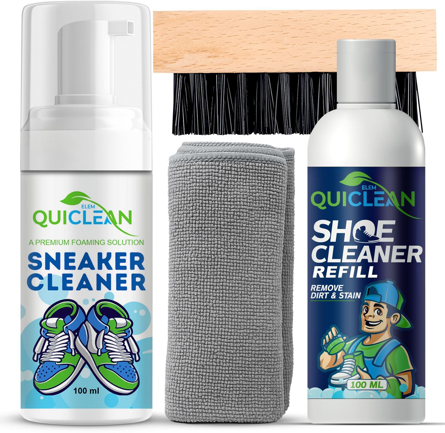 Image of QUICLEAN Shoe Cleaner kit with shoe refill, brush & microfiber Cloth Cleaner