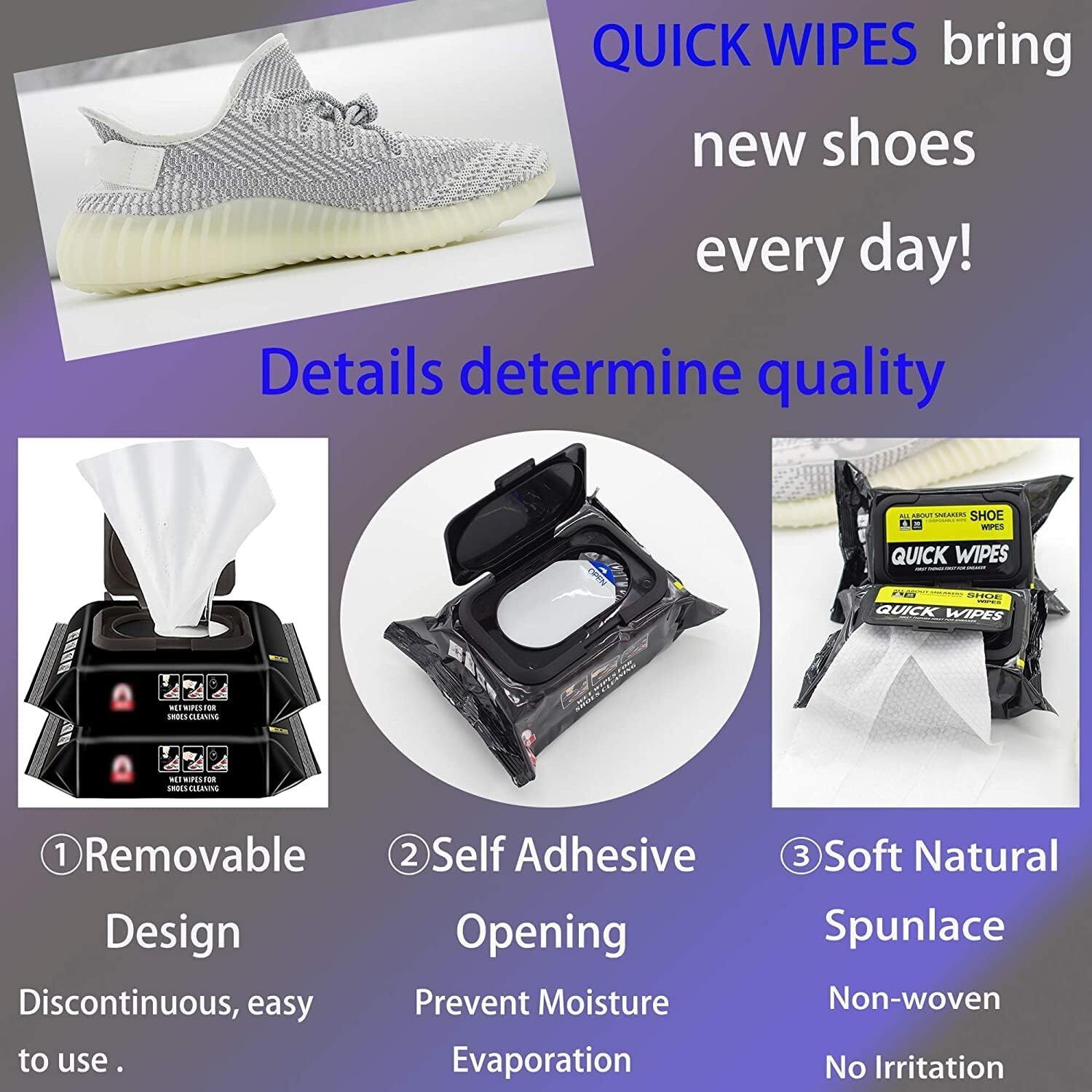 Image of Yancorp 60 Pcs Shoe Sneaker Wipes Cleaner Quick Wipes Disposable Travel Portable Removes Sports, Leather, Synthetic Leather, Canvas, Patent Leather Shoe Cream