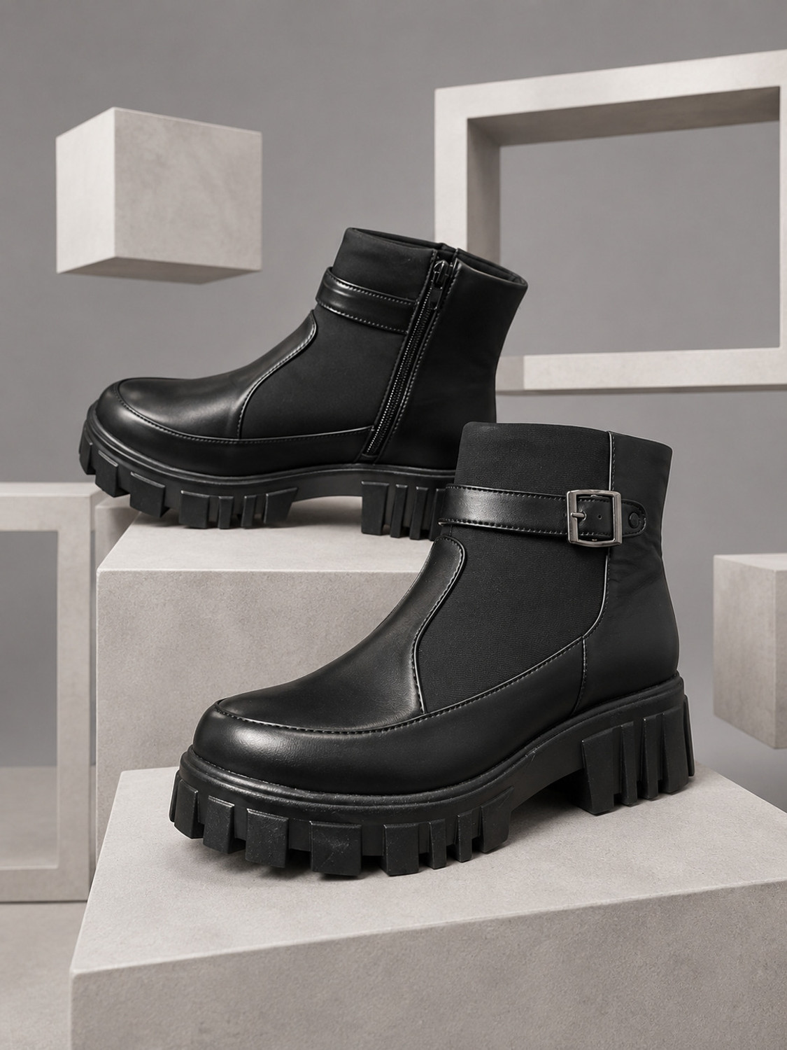Image of Franino Paris Women's Black Chunky Platform Ankle Boots with Buckle Boots For Women