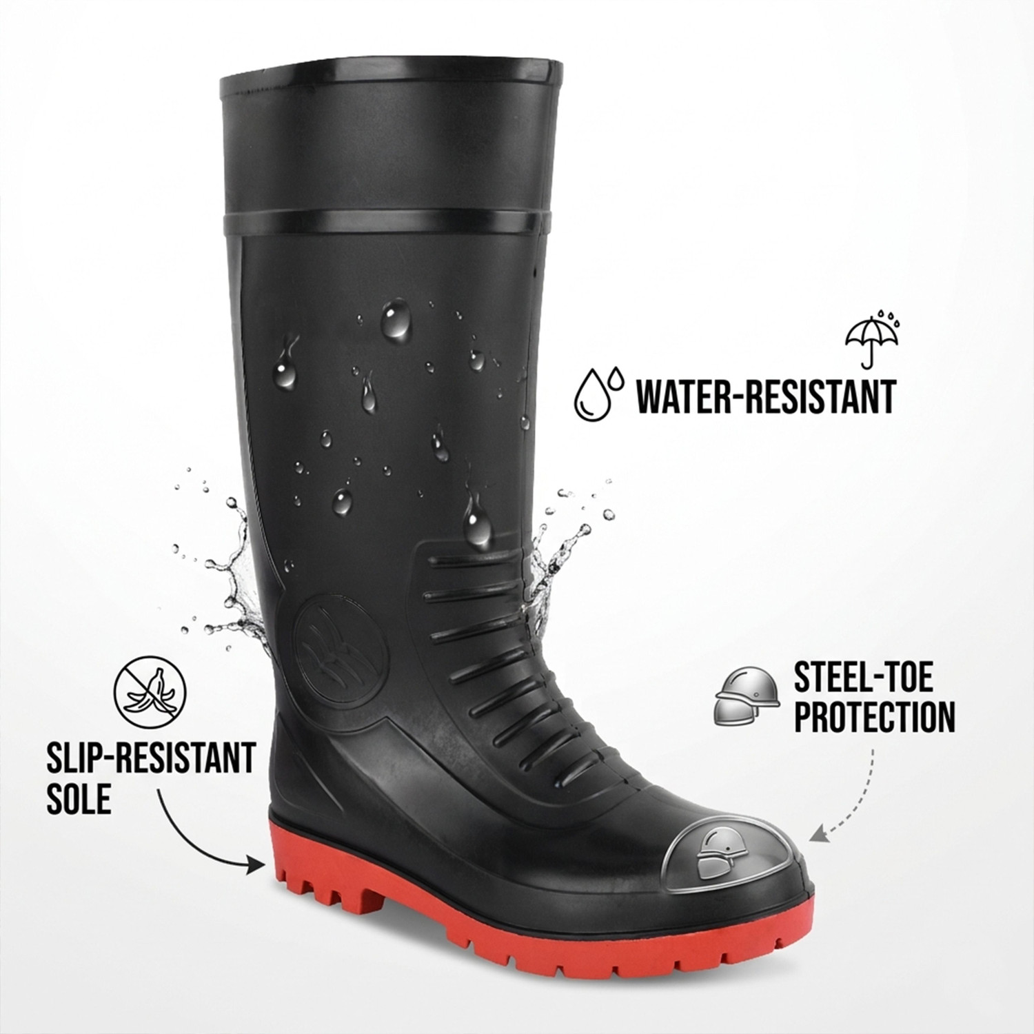 Image of FOOT TRENDS PVC Safety Gumboots, 16-inch, with Steel-Toe Cap, Oil and Water Resistant, Boots For Men (Black, Red, 7)