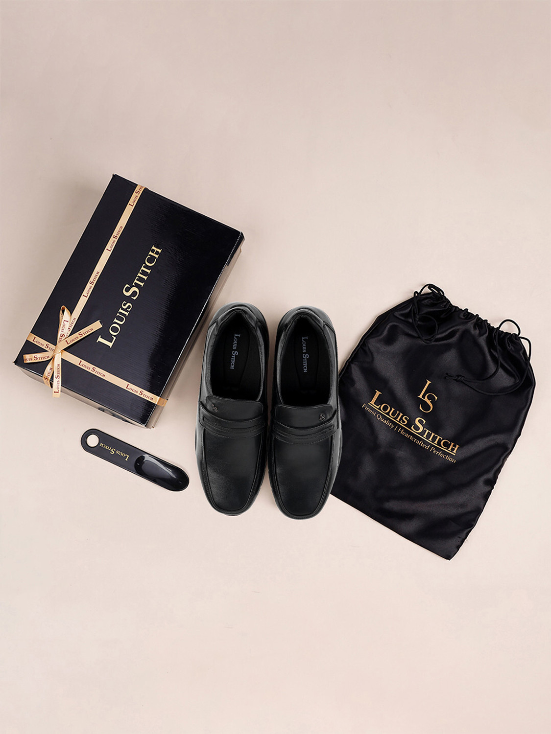 Image of LOUIS STITCH Jet Black Leather Shoes for Men, Comfortable Slip-On Moccasins, UK-7 Slip On For Men