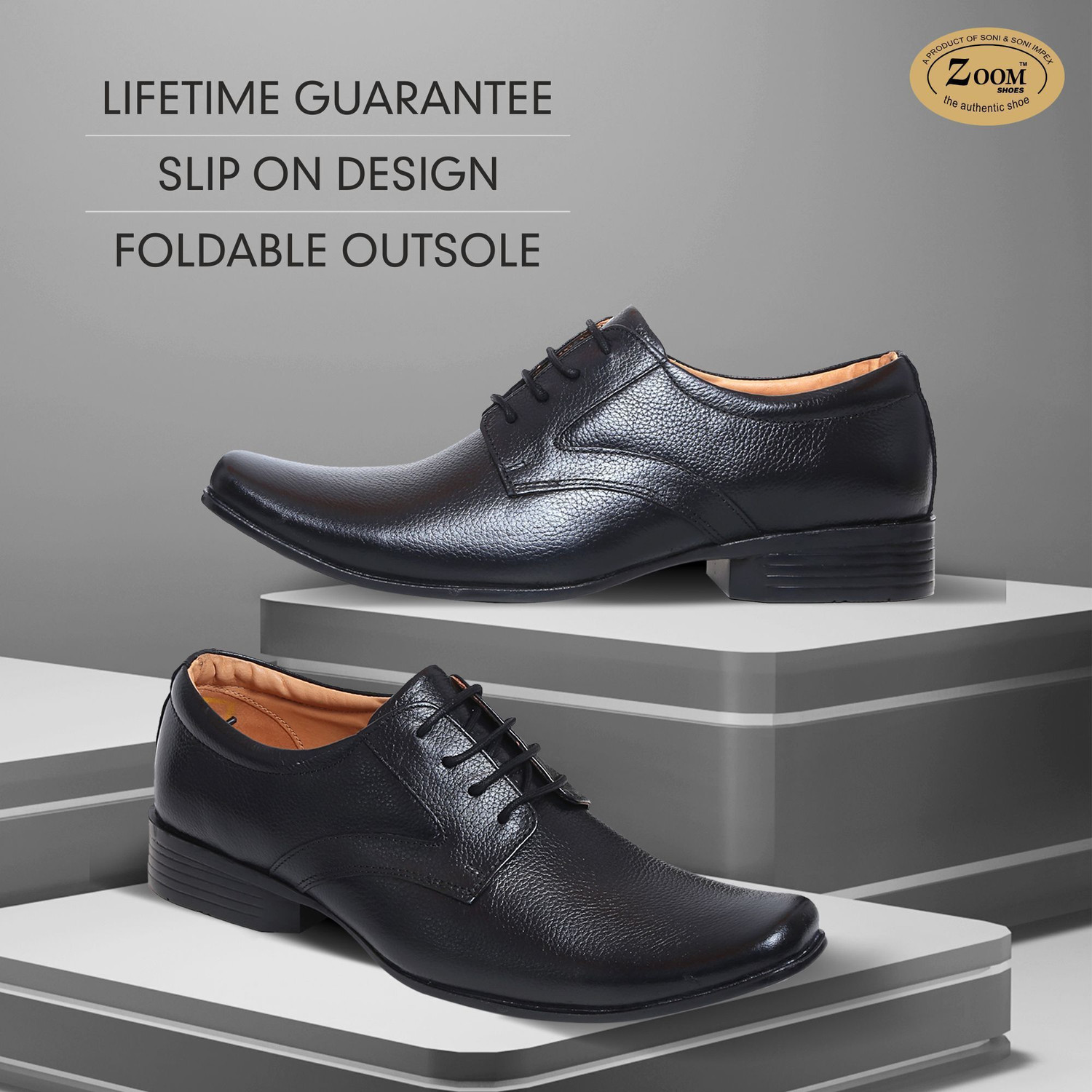 Image of Zoom Shoes Genuine Leather Formal shoes for Men A1181 | Memory Cushioned Insole| Anti Slip| Lace Up For Men