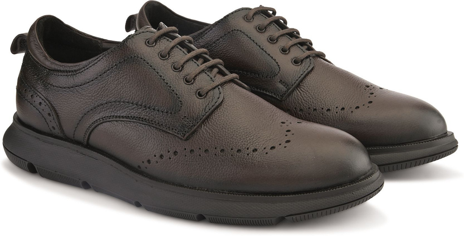 Image of VONTONY Premium Brown Leather Lace-Up Shoes for Men | Lightweight Phylon Sole Brogues For Men