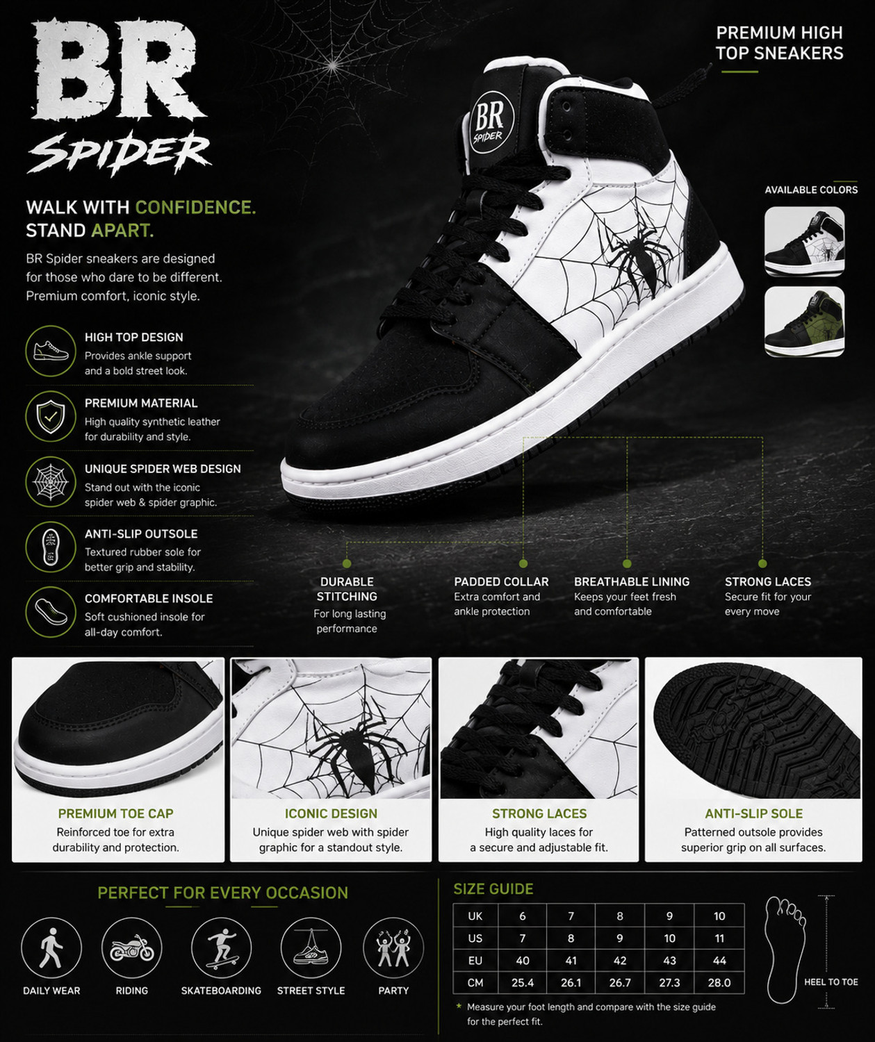 Image of BROOMI High Top Sneakers Spider Design | Red Black Casual Shoes for Men | Streetwear Sneakers For Men