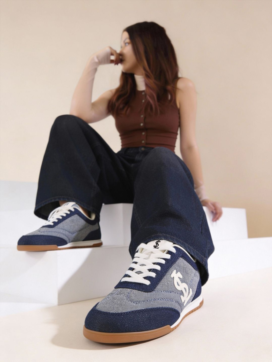 Image of LOUIS STITCH Women's Navy Blue Lightweight and Comfortable Casual Lace-Up Denim Sneakers Sneakers For Women
