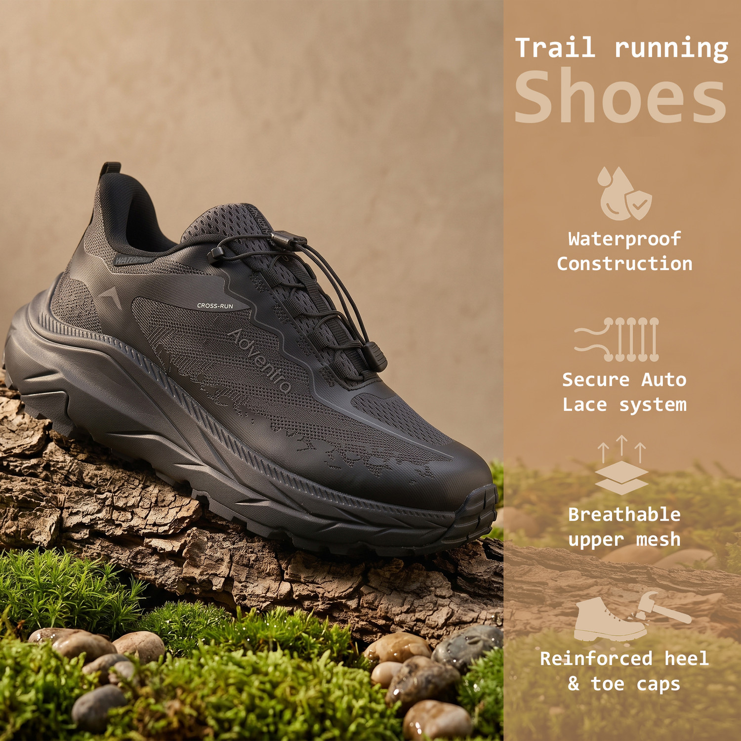 Image of Adventra Waterproof Trail Running Ultra Grip Shoes, Quick-Lace (TR2014) - Full Black Running Shoes For Men