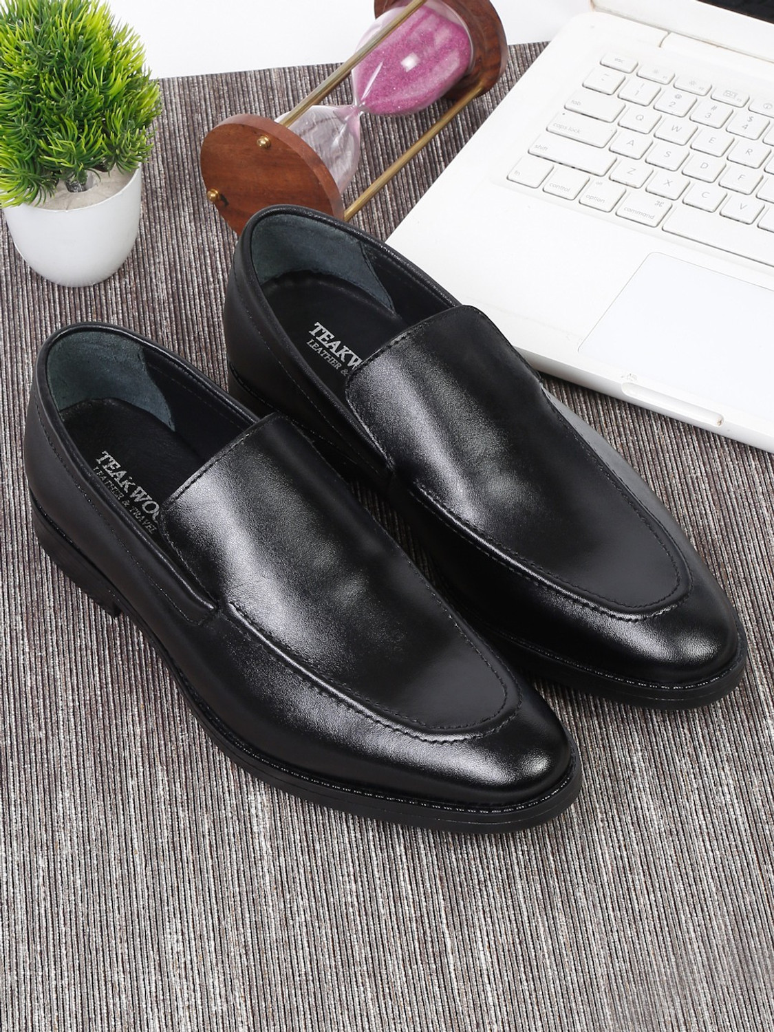 Image of Teakwood Leathers Men Black Solid Leather Formal Slip-On Shoes Slip On For Men