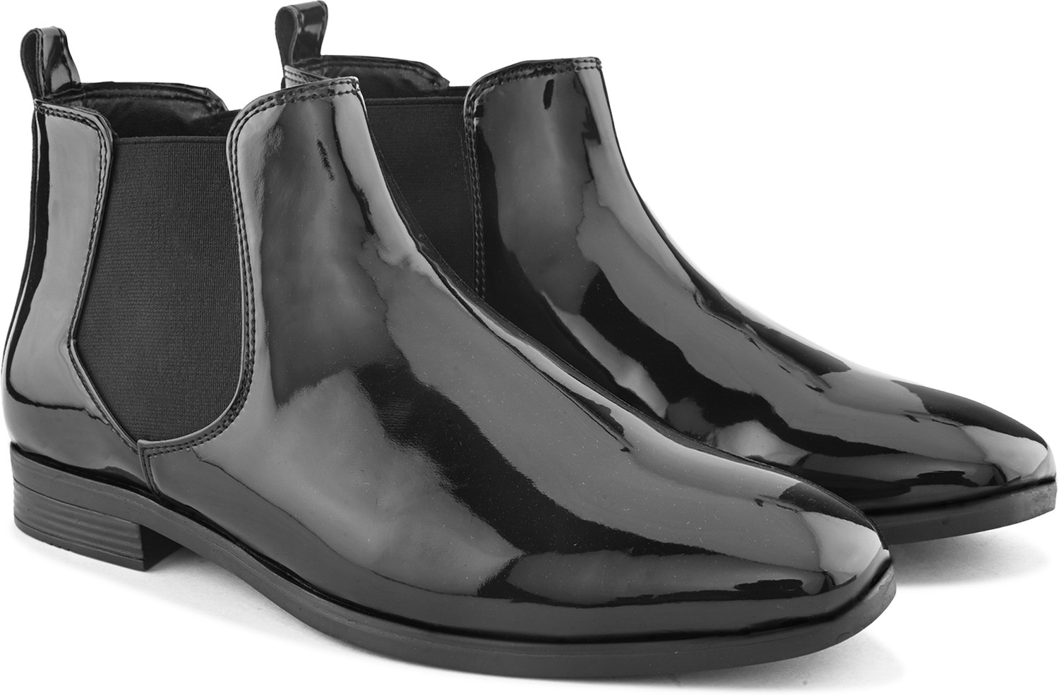 Image of Roadster Men Black Glossy Patent Mid Ankle Casual Slip-On Comfortable Chelsea Boots Boots For Men