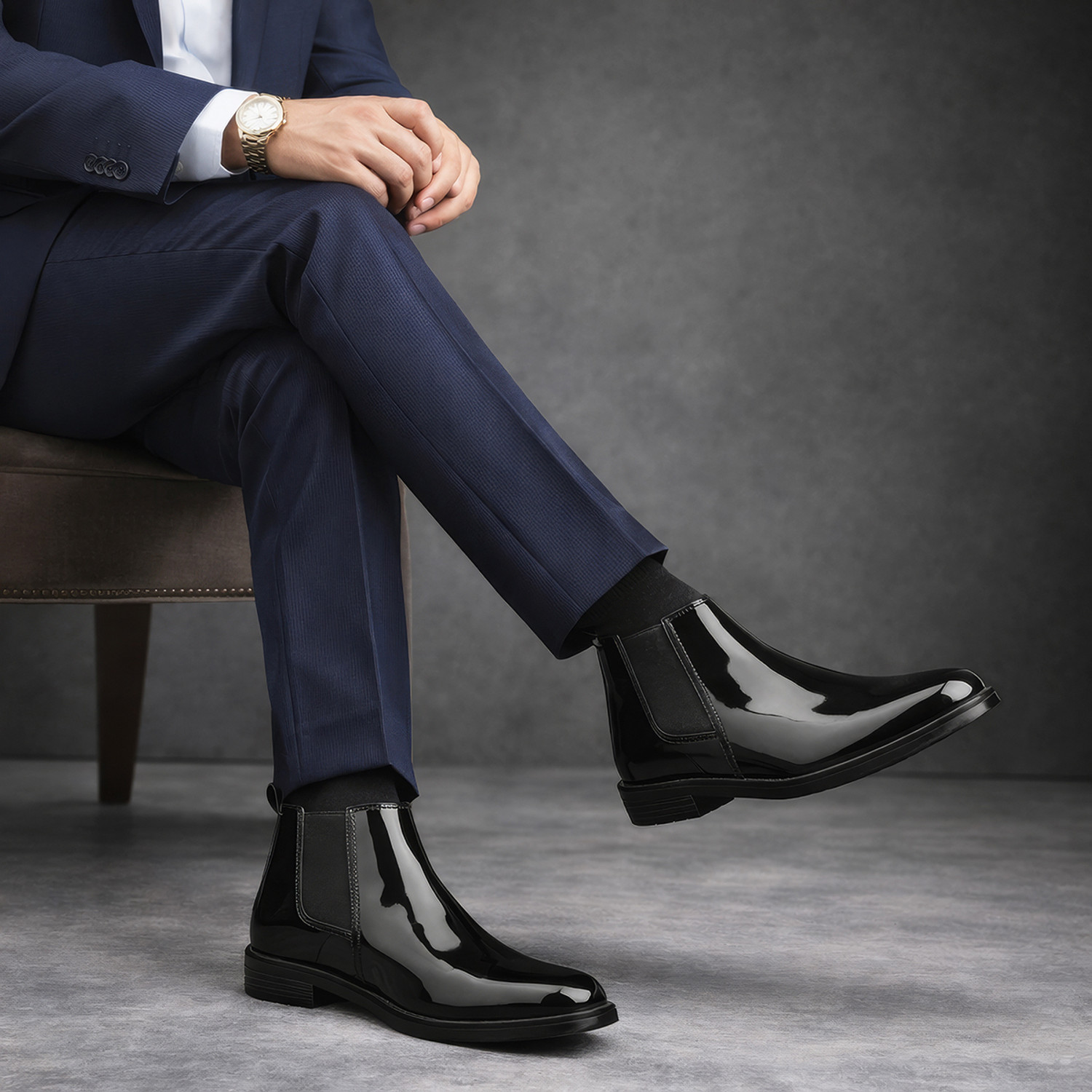 Image of BLOMAX synthetic patent leather elastic side panels black patent Chelsea boots Boots For Men