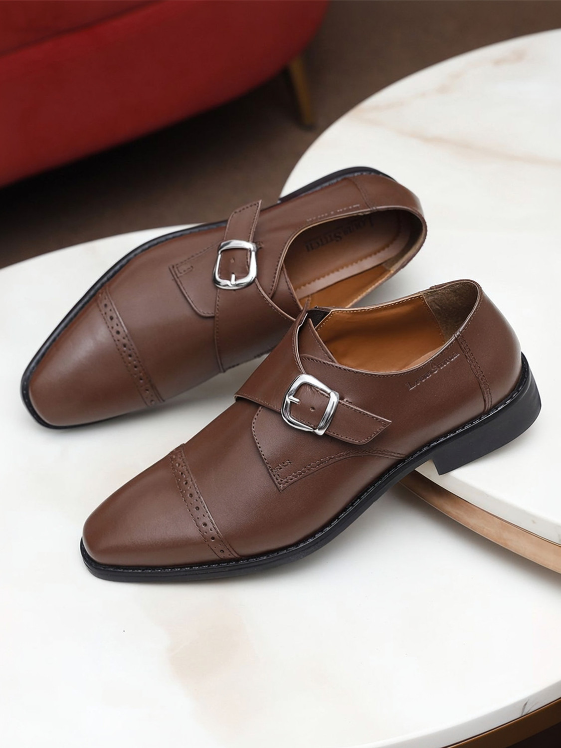 Image of LOUIS STITCH Handmade Italian Leather Monk Strap Formal Slip On Shoe for Men 6 UK (Tan) Monk Strap For Men