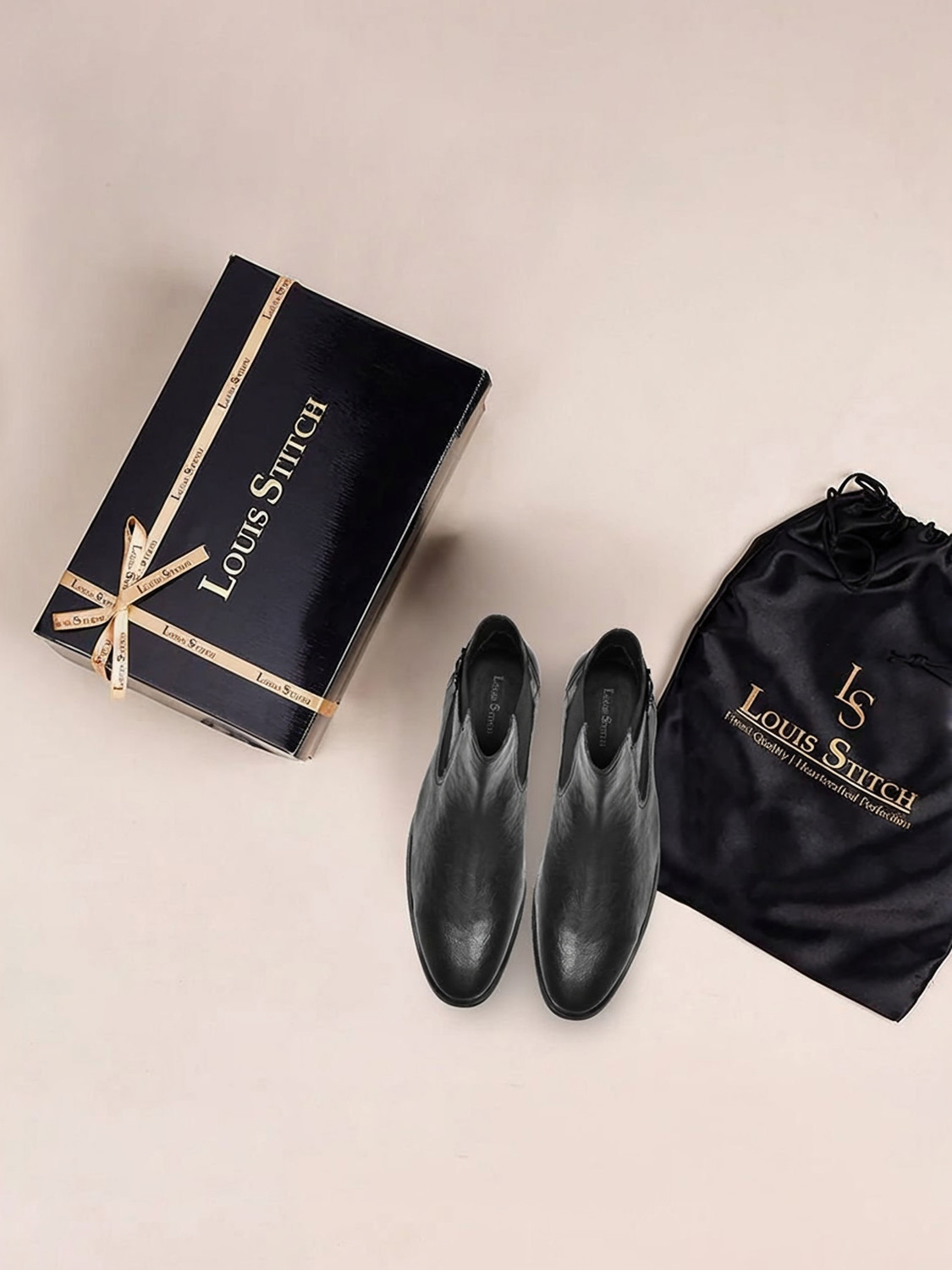 Image of LOUIS STITCH Obsidian Black Mid-Top Ankle Shrunken Chelsea Boots for Men with Side Buckle Boots For Men