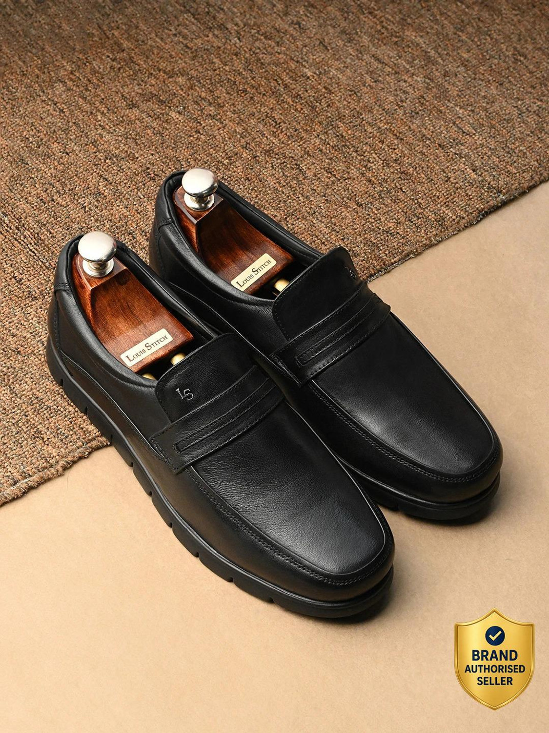 Image of LOUIS STITCH Jet Black Leather Shoes for Men, Comfortable Slip-On Moccasins, UK-7 Slip On For Men
