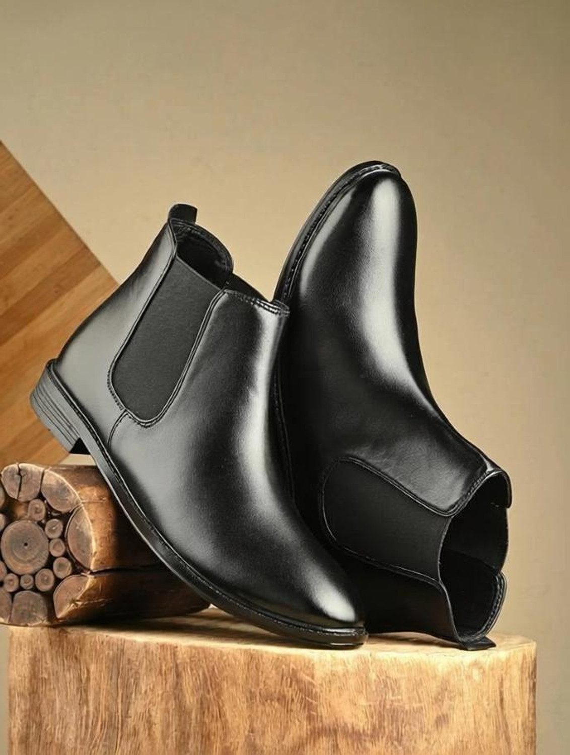 Image of Knoos Synthetic Leather Lightweight Comfortable Trendy Walking Outdoor Slip On Chelsea Boots For Men (Black, 9)
