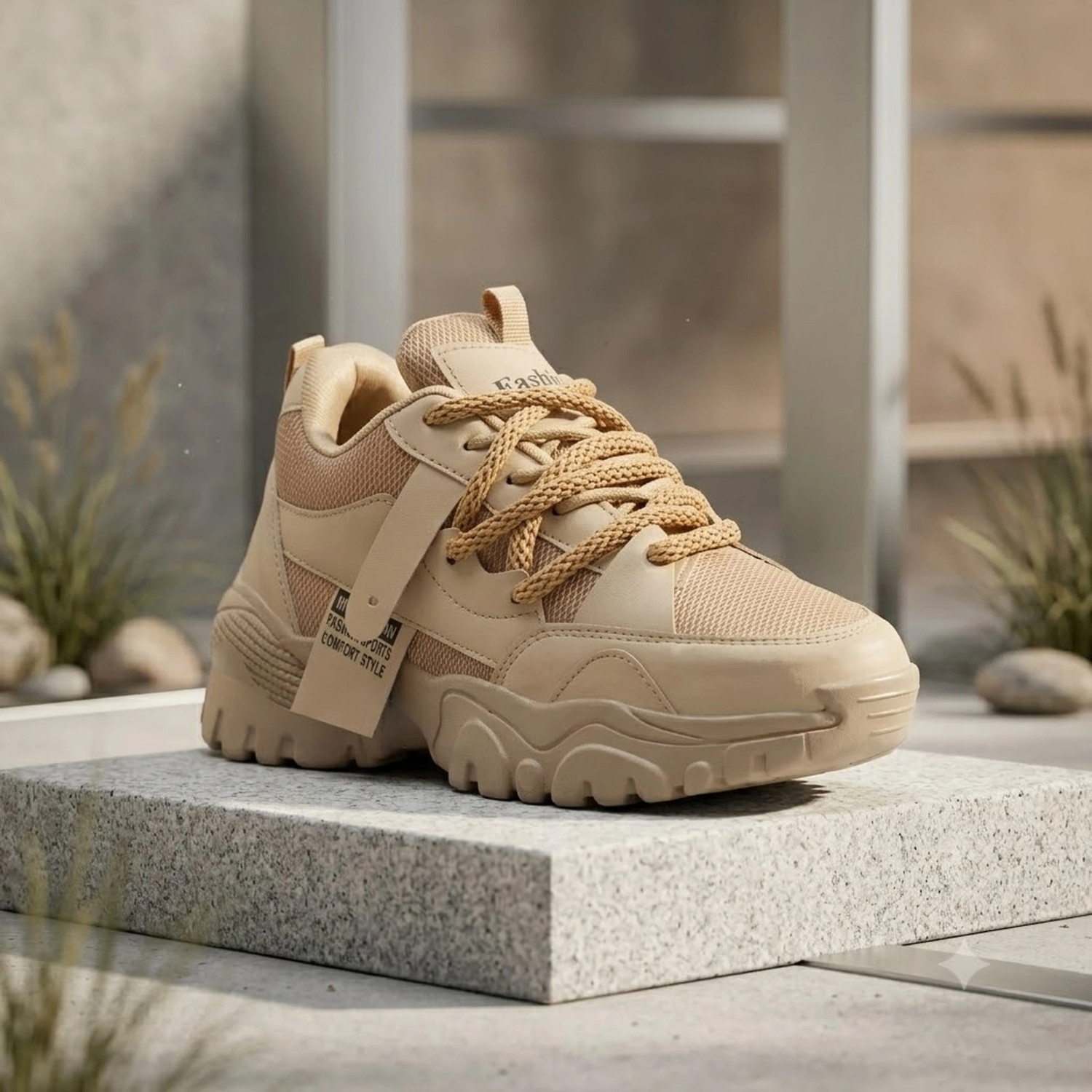 Image of VR SHOES Beige Chunky Casual Sneakers | Lightweight Comfortable Walking Shoes Sneakers For Women (Beige, 4)