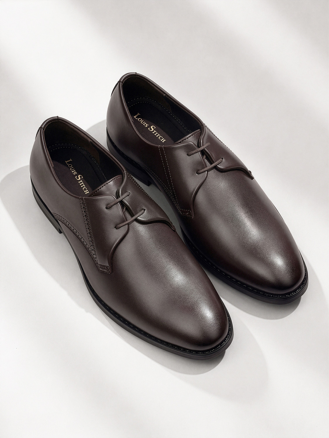 Image of LOUIS STITCH Men's Brunette Brown Formal Lace-Up Derby Shoes Derby For Men