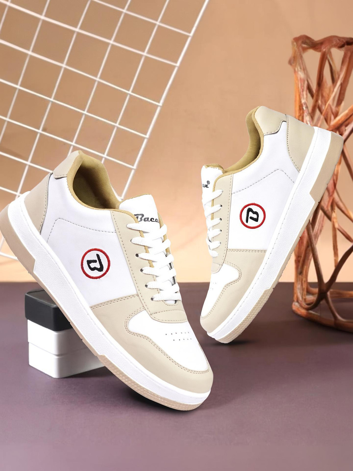 Image of Bacan Men's White & Beige Casual Sneakers | Lace-Up Comfortable Shoes Sneakers For Men