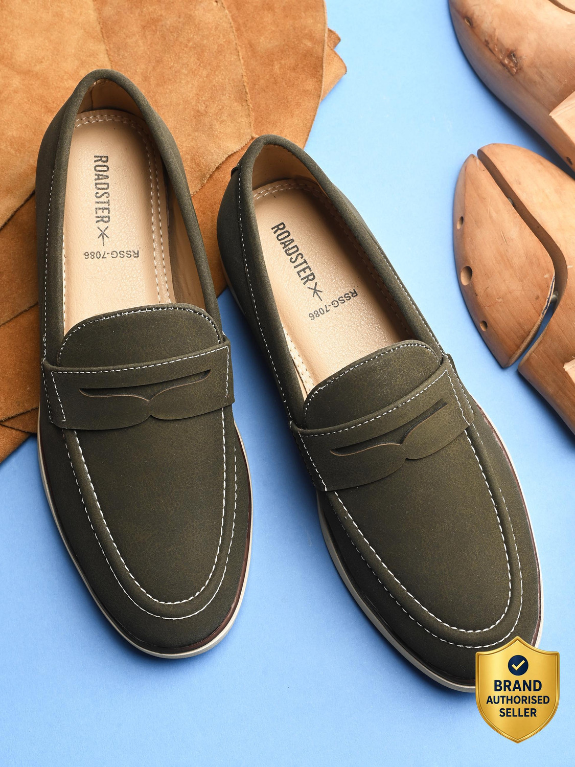 Image of Roadster Men olive solid suede round toe comfortable slip on moccasins stylish casual lo Loafers For Men