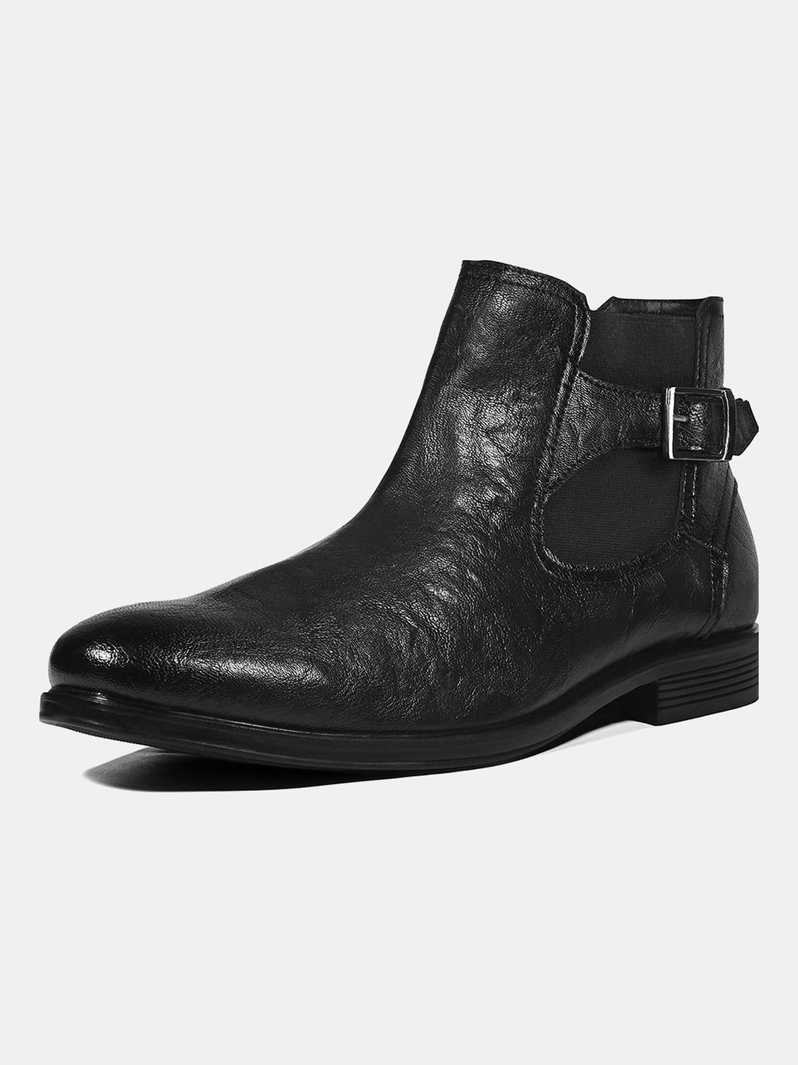 Image of LOUIS STITCH Obsidian Black Mid-Top Ankle Shrunken Chelsea Boots for Men with Side Buckle Boots For Men