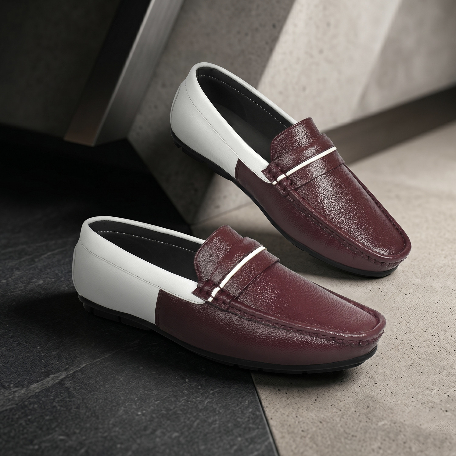 Image of AJANTA Premium Formal Office Slip On Shoes Cushioned Comfort Smart Casual Penny Loafers For Men (Maroon, White, 7)