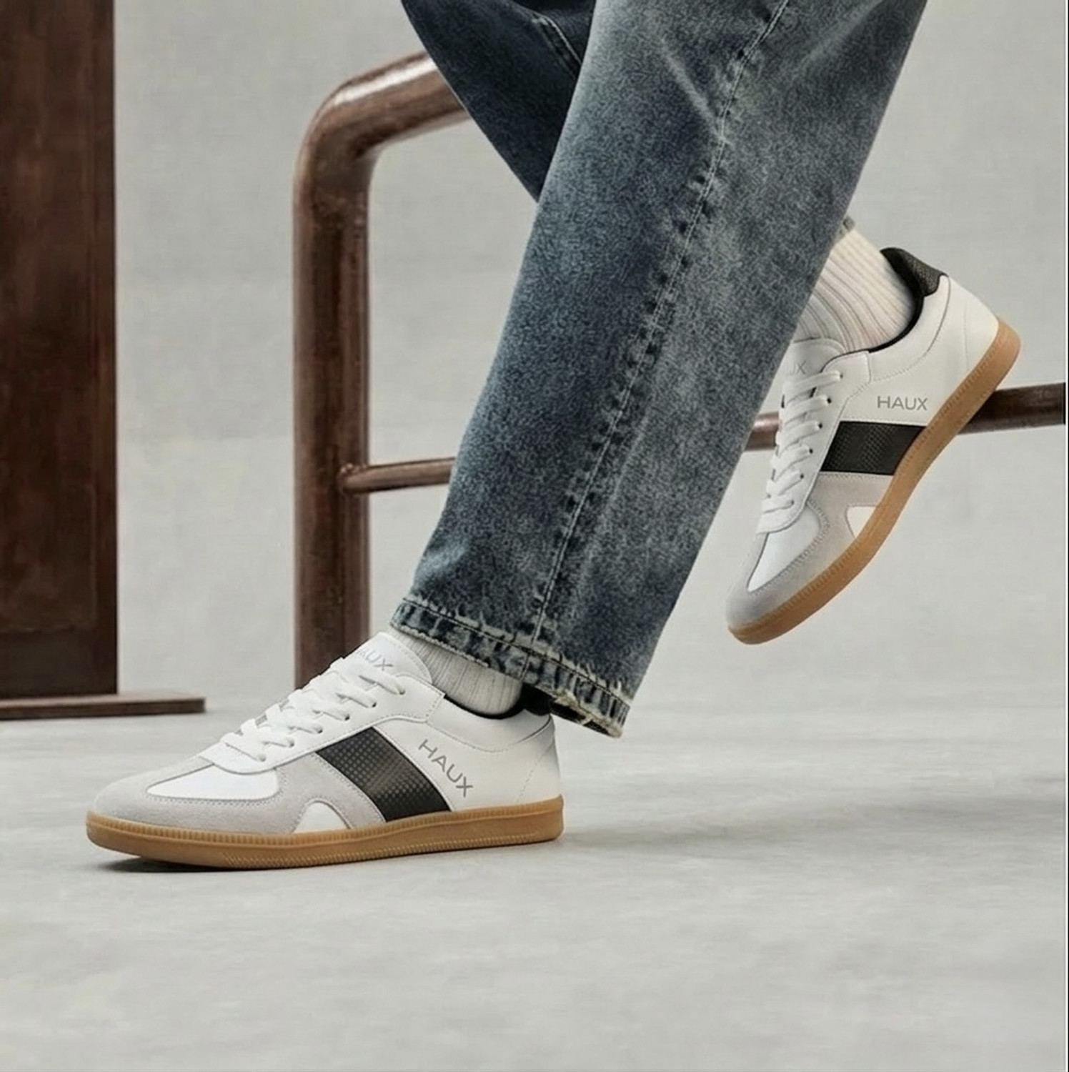 Image of Haux Enzo Men's Casual Sneakers | Gum Sole | Lightweight Comfort Sneakers For Men (White, 8)