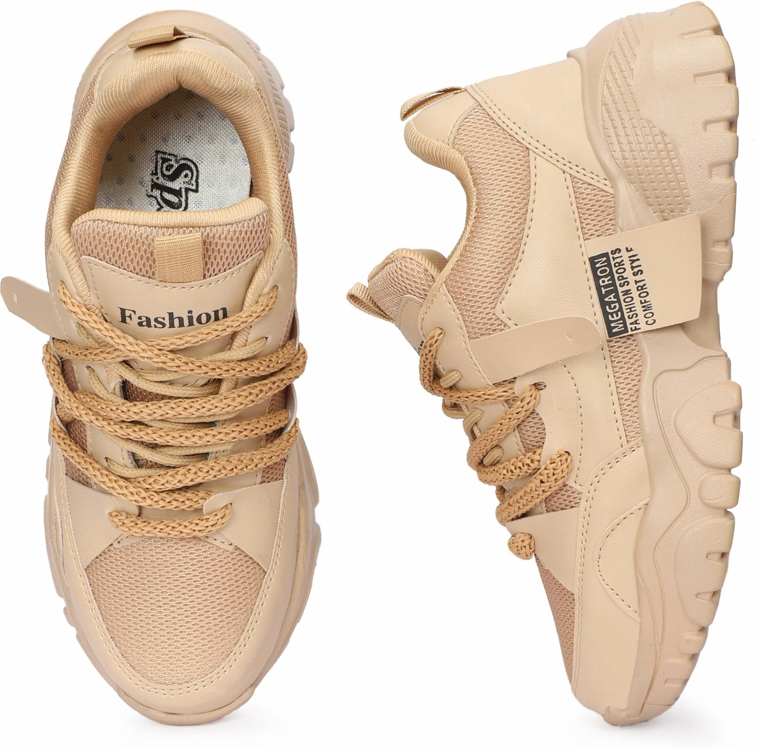 Image of VR SHOES Beige Chunky Casual Sneakers | Lightweight Comfortable Walking Shoes Sneakers For Women (Beige, 4)