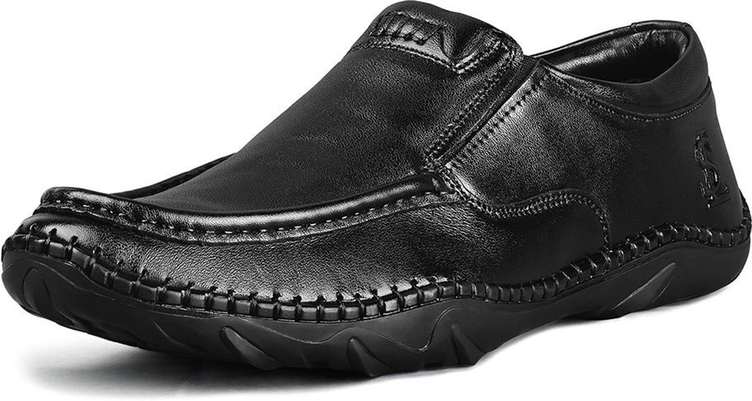 Image of LOUIS STITCH Obsidian Black Genuine Leather Ultra Lightweight Slip-On Loafer Shoes for Men Slip On For Men