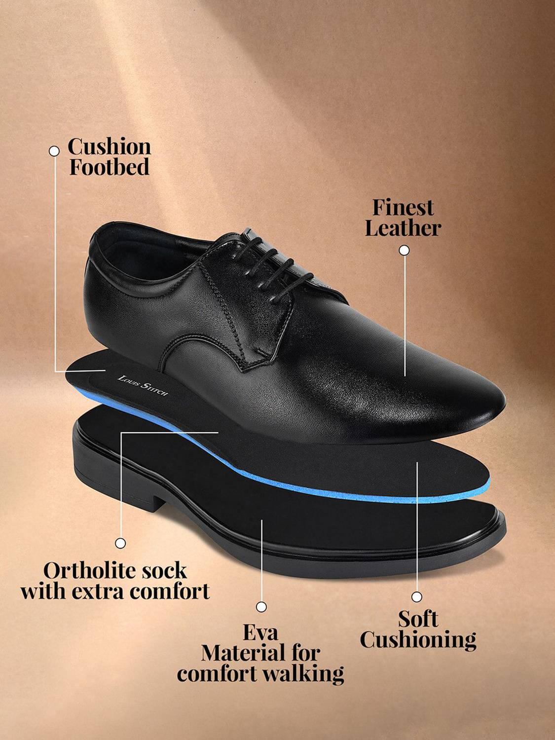 Louis Stitch Raven Black Derby Shoes for Men, UK-8 - Image 2