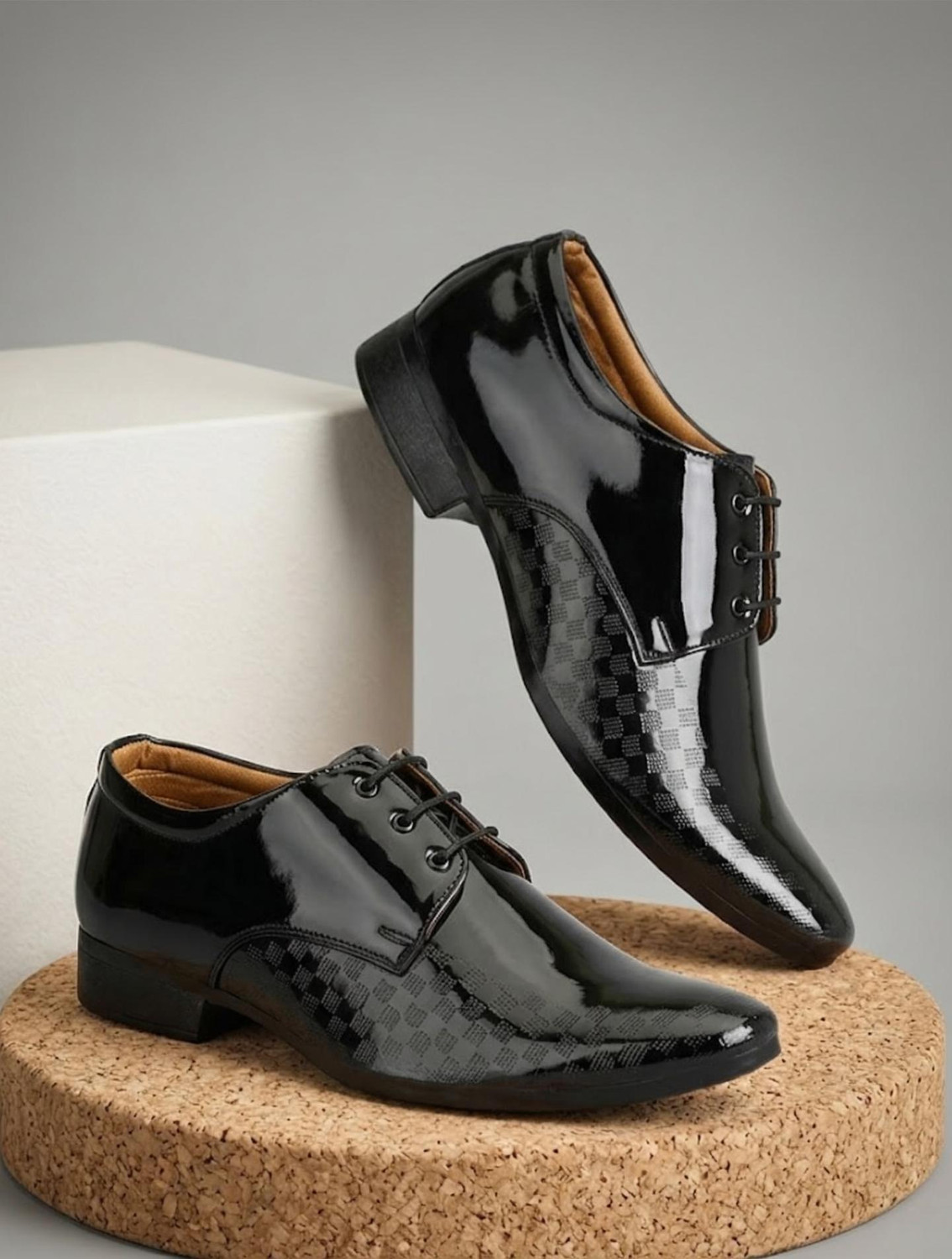 Image of LEE CATER Premium Oxford ClassPatent Leatherette Shining Jet Black Lace Up For Men (Black, 10)
