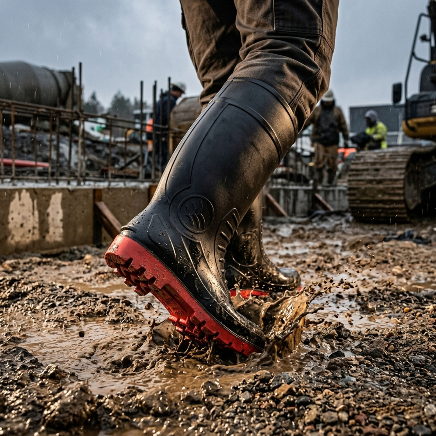 Image of FOOT TRENDS PVC Safety Gumboots, 16-inch, with Steel-Toe Cap, Oil and Water Resistant, Boots For Men (Black, Red, 7)