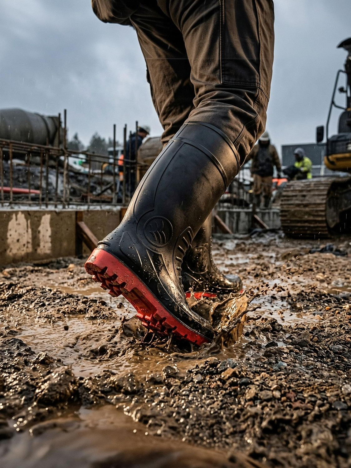 Image of FOOT TRENDS PVC Safety Gumboots, 16-inch, with Steel-Toe Cap, Oil and Water Resistant, Boots For Men (Black, Red, 7)