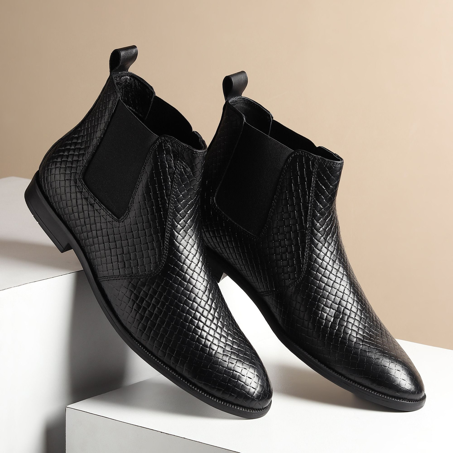 Image of Hayes London Genuine Leather Chelsea Boots | Textured Slip-On With Comfortable Block Heel Boots For Men (Black, 11)