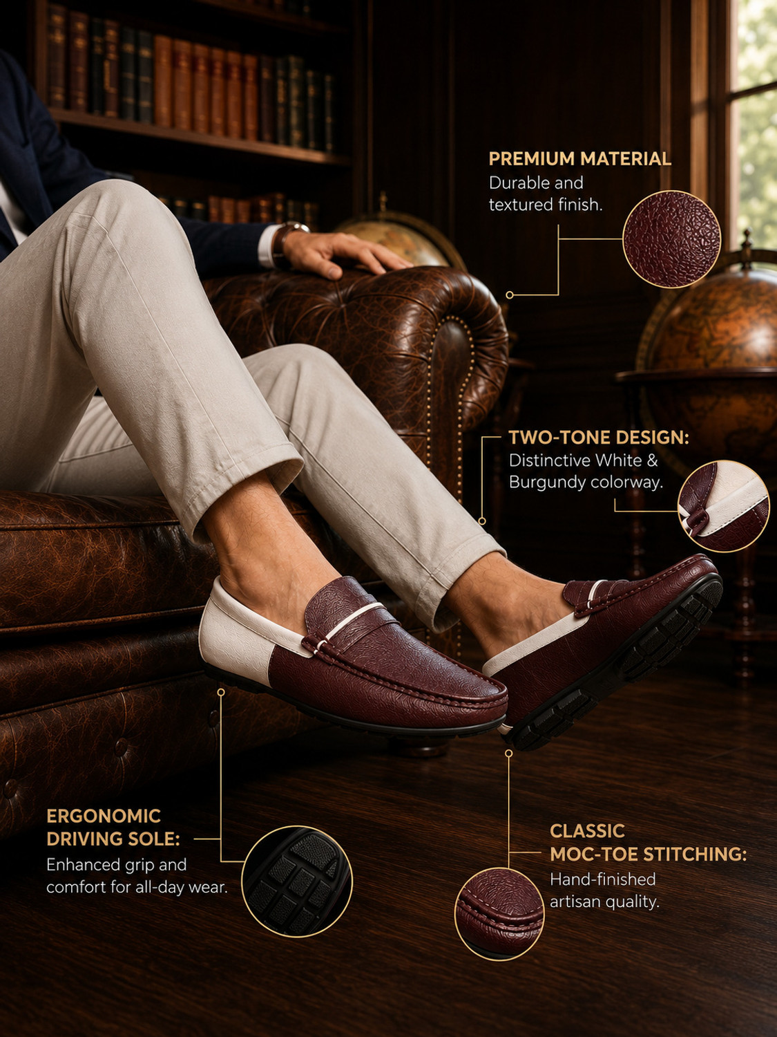 Image of AJANTA Premium Formal Office Slip On Shoes Cushioned Comfort Smart Casual Penny Loafers For Men (Maroon, White, 7)
