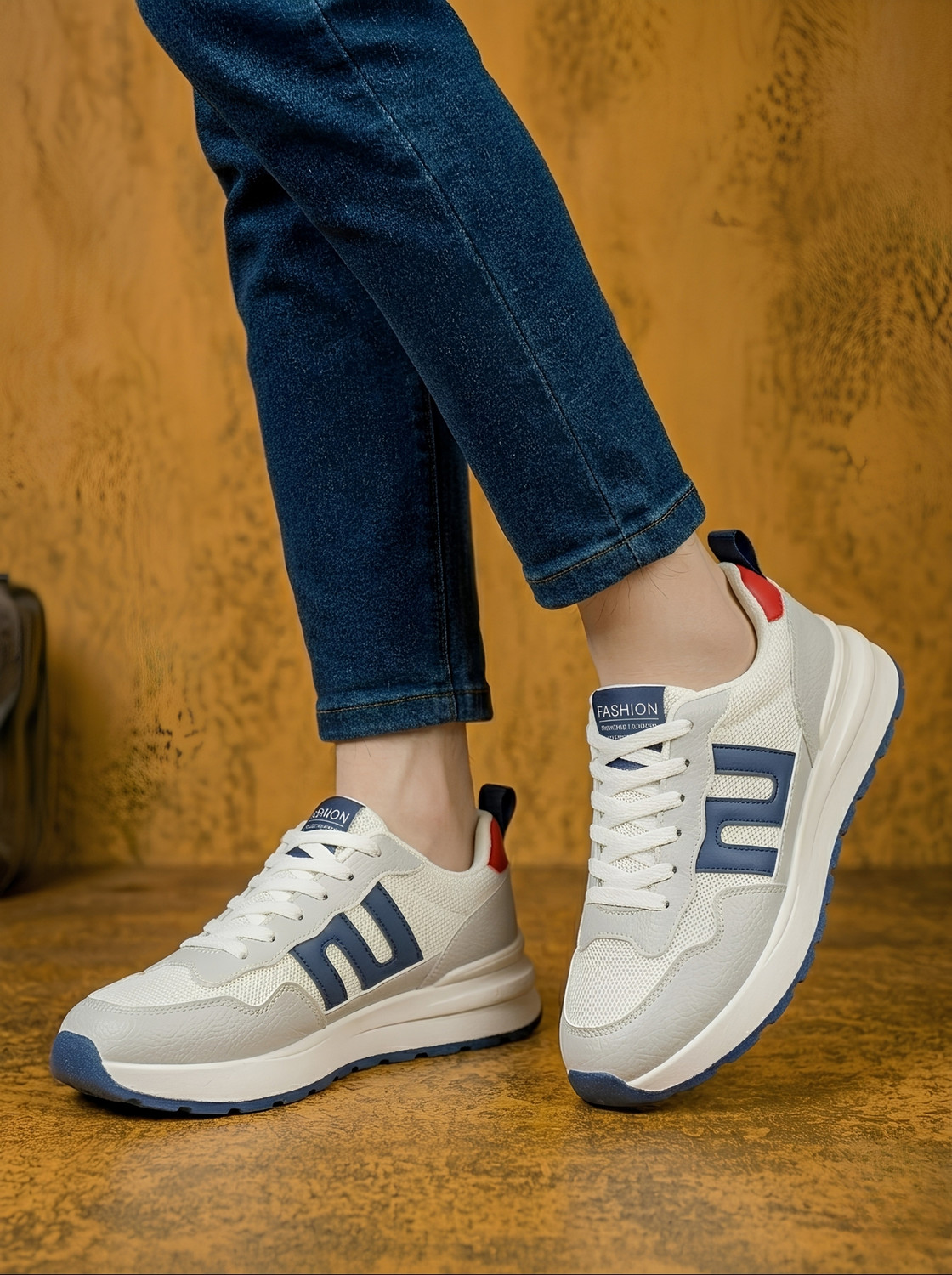 Image of Flucky White & Blue Sports Shoes | White Walking Sneakers For Men