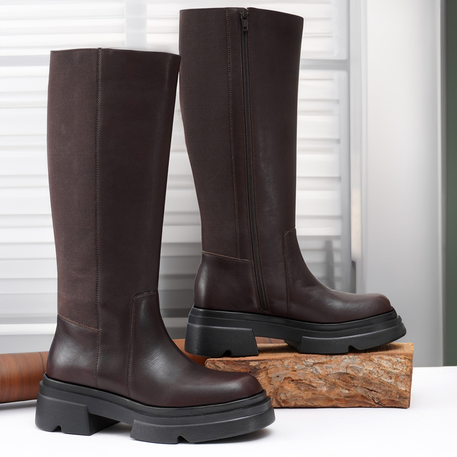 Image of Nico Nerini Women's Knee-High Brown Leather Boots Chunky Platform and Side Stretch Panel Boots For Women