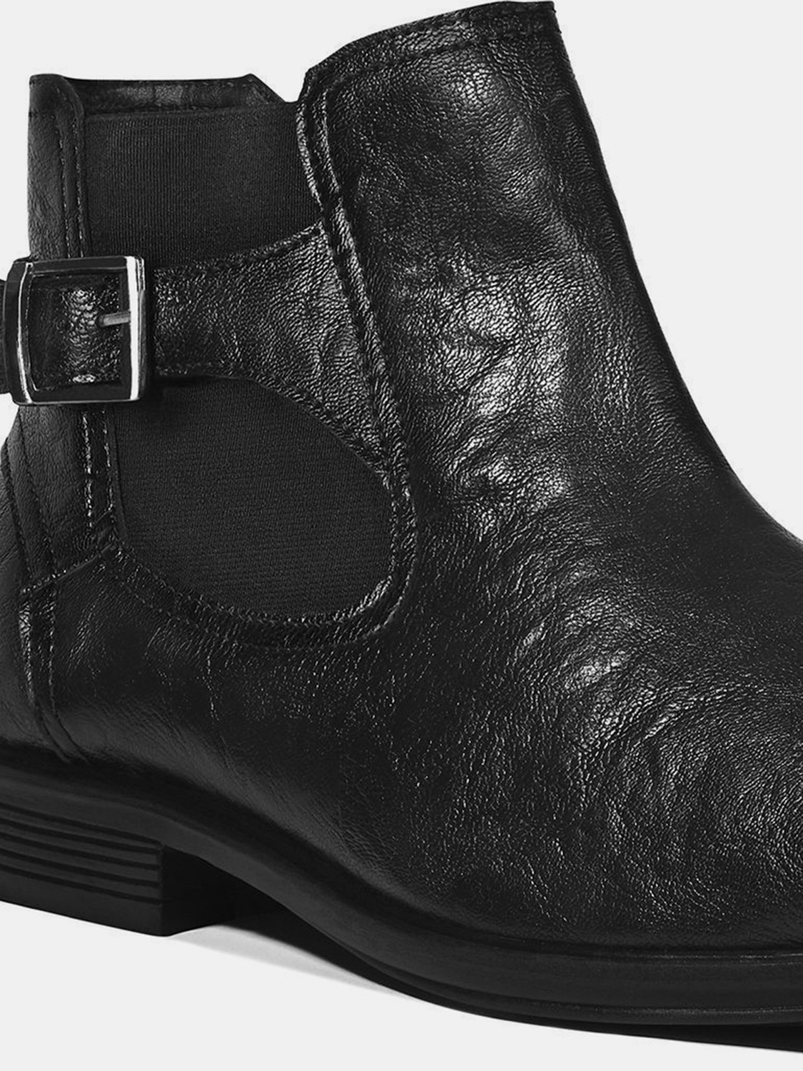 Image of LOUIS STITCH Obsidian Black Mid-Top Ankle Shrunken Chelsea Boots for Men with Side Buckle Boots For Men