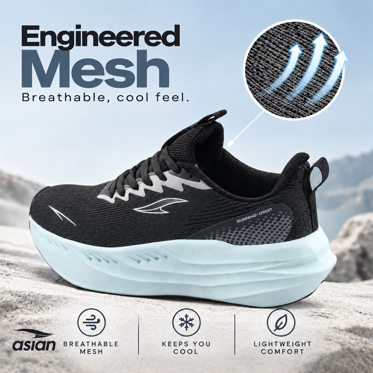 Image of asian Aerofoam-02 Men's Running Shoes with Mesh Upper and Energy Return Sole Running Shoes For Men