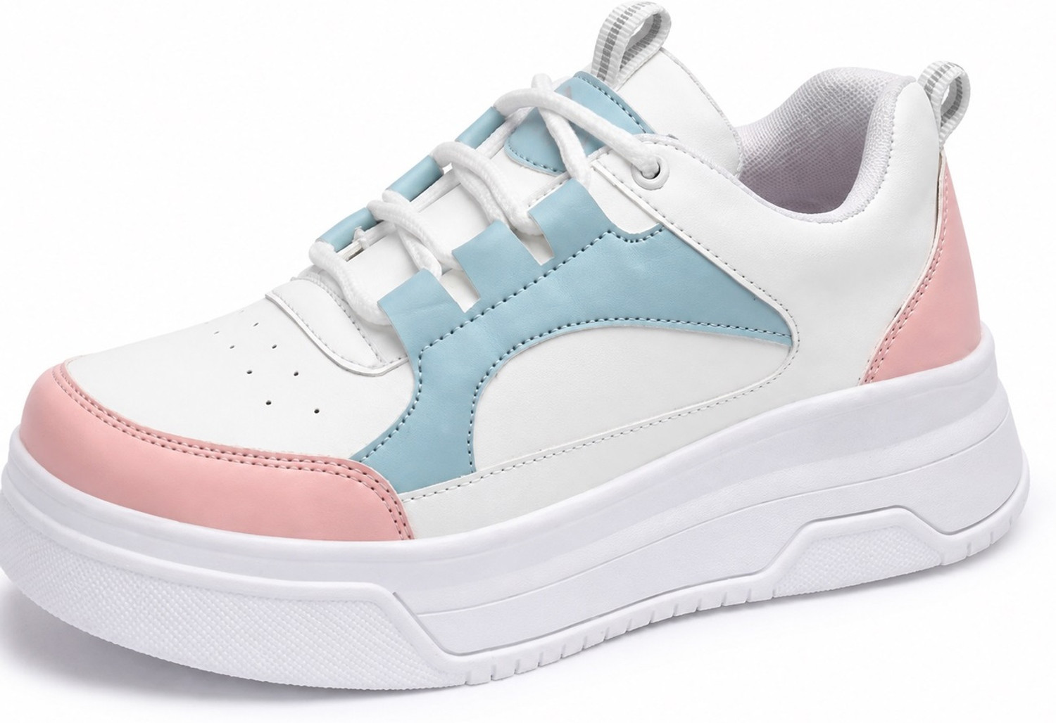 Image of GANARRUK Women's Stylish White Pink Blue Lace Up Sneakers Casual Walking Sports Shoes Casuals For Women
