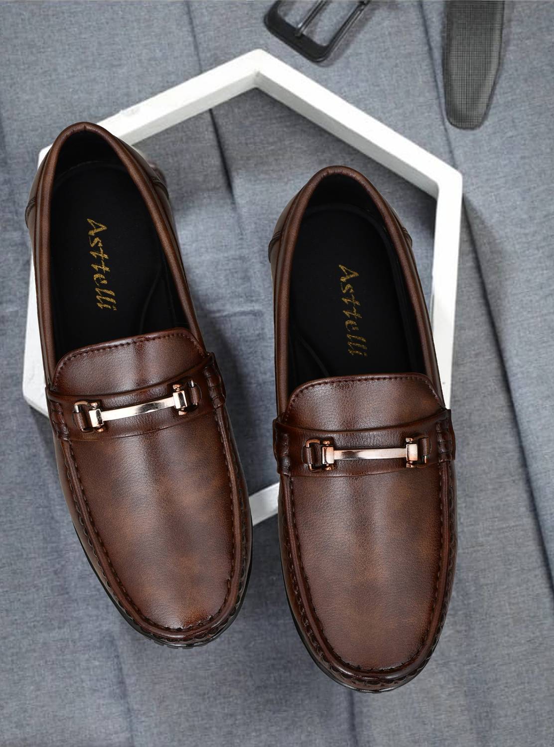 Asttelli Stylish Brown Slip-On Synthetic Leather Loafers for Casual, Daily & Office Wear Loafers For Men
