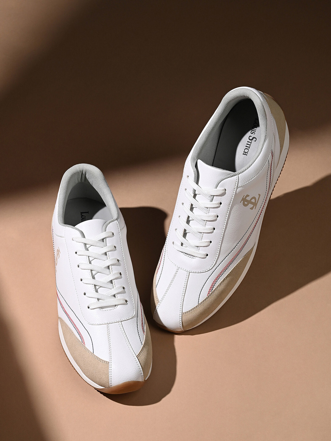 Image of LOUIS STITCH White and Beige Sneaker, Casual Lightweight Lace-Up Sneakers Sneakers For Men