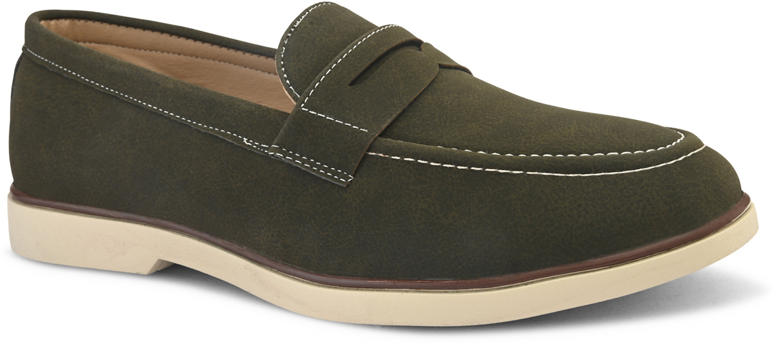 Image of Roadster Men olive solid suede round toe comfortable slip on moccasins stylish casual lo Loafers For Men