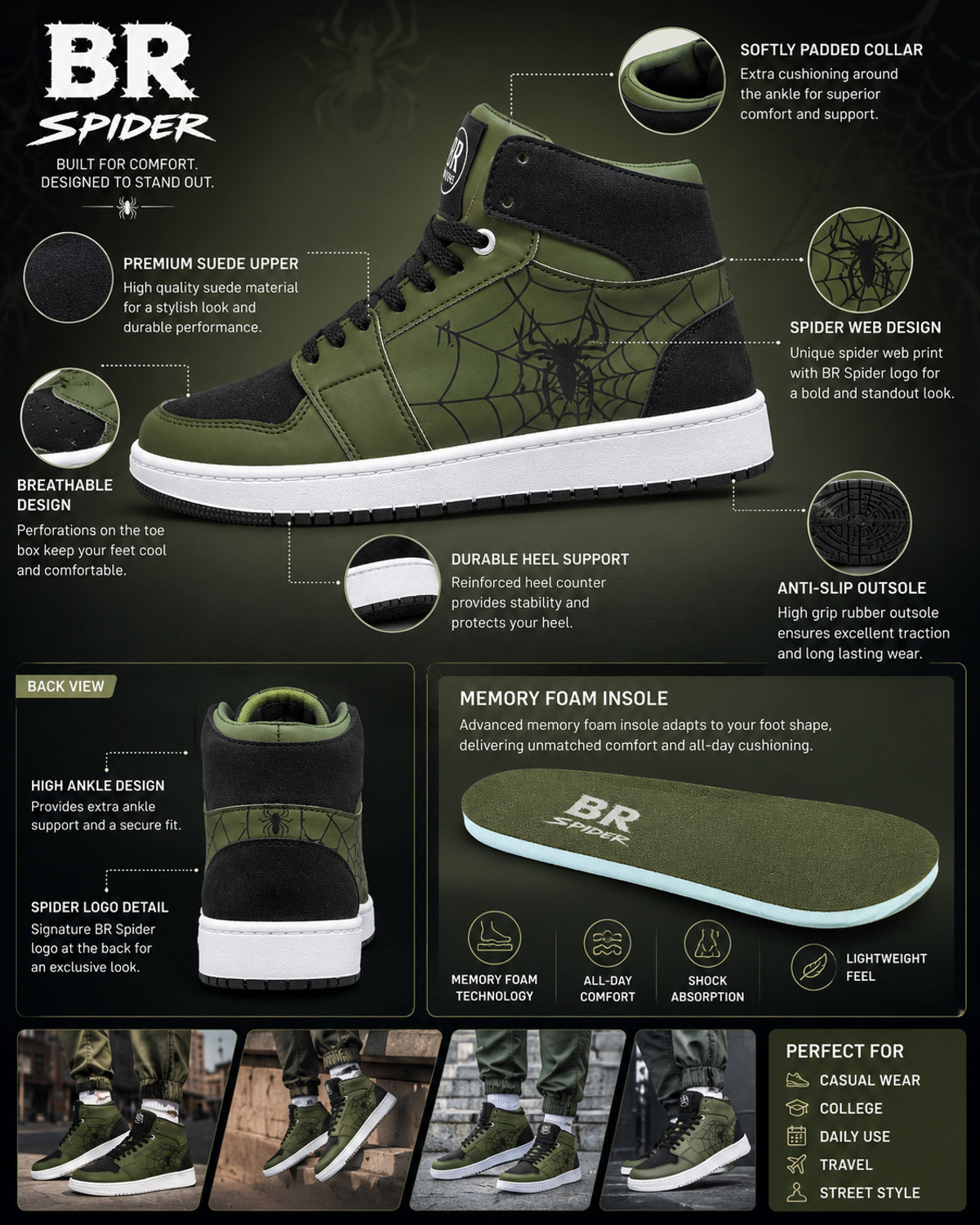 Image of BROOMI High Top Sneakers Spider Design | Red Black Casual Shoes for Men | Streetwear Sneakers For Men