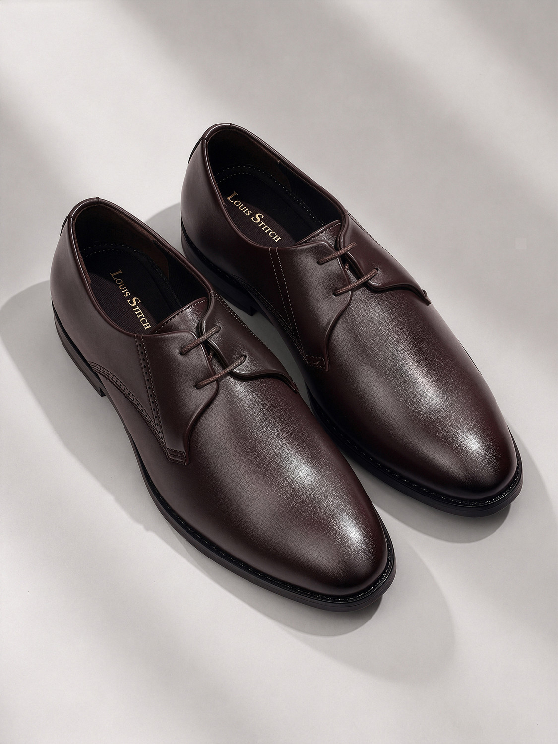 Image of LOUIS STITCH Men's Brunette Brown Formal Lace-Up Derby Shoes Derby For Men