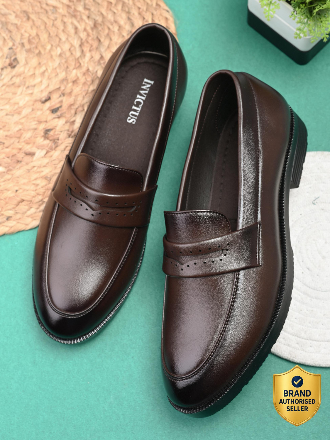 Image of INVICTUS Men brown solid formal pu slip on moccasins penny loafers shoes without laces Slip On For Men
