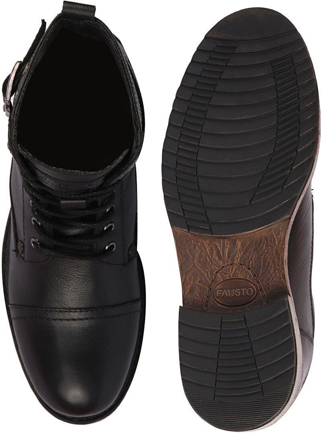Image of FAUSTO High Top Genuine Leather 7-Eye Lace Up Buckle Strap Work Cap Toe Winter Flat Boots For Men